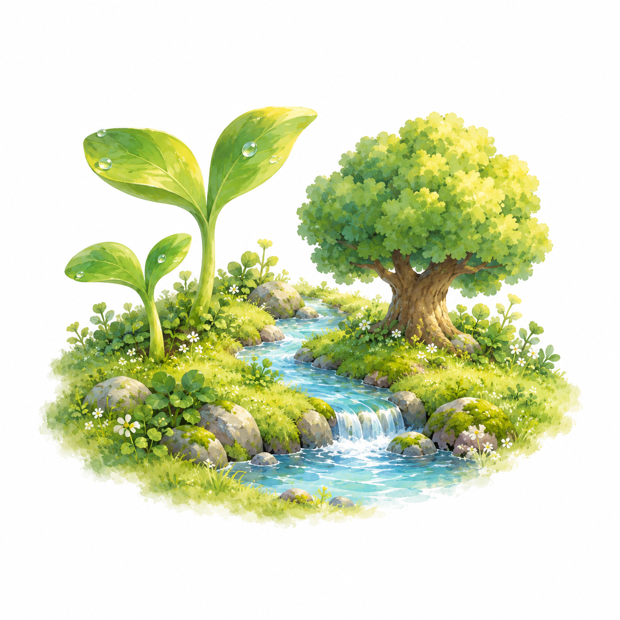A tiny hand-painted landscape with oversized sprouts, a rounded tree, and a winding river.